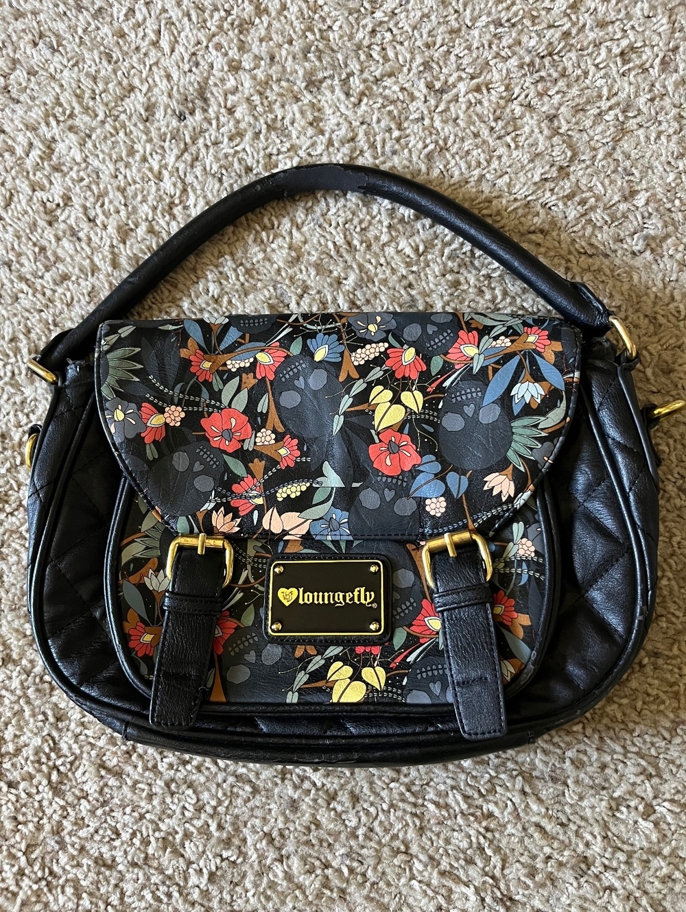 Loungefly Skull And Floral Quilted Black Handbag